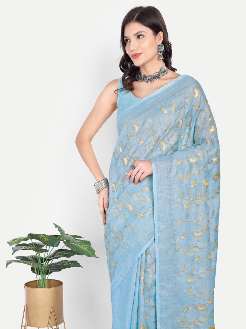 Serene Sky Blue Linen Saree with Golden Floral Embroidery