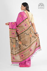 Vibrant Pink Dupion Silk Saree with Geometric Katia Pallu | Handloom Elegance - Serikala