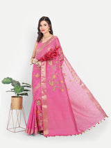 Vibrant Rani Pink Kota Linen Saree with Gold Zari & Embroidery