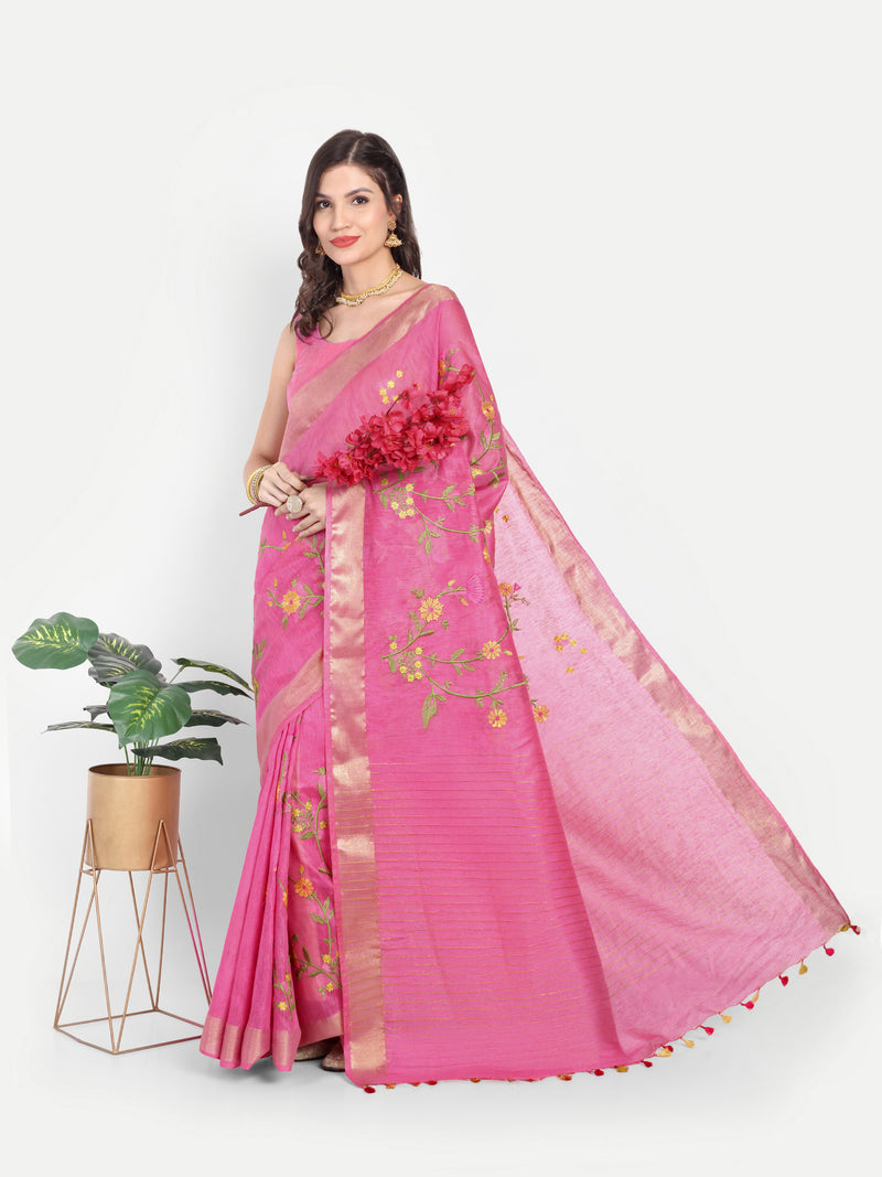 Vibrant Rani Pink Kota Linen Saree with Gold Zari & Embroidery