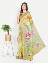 Sunny Yellow Floral Digital Print Linen Saree