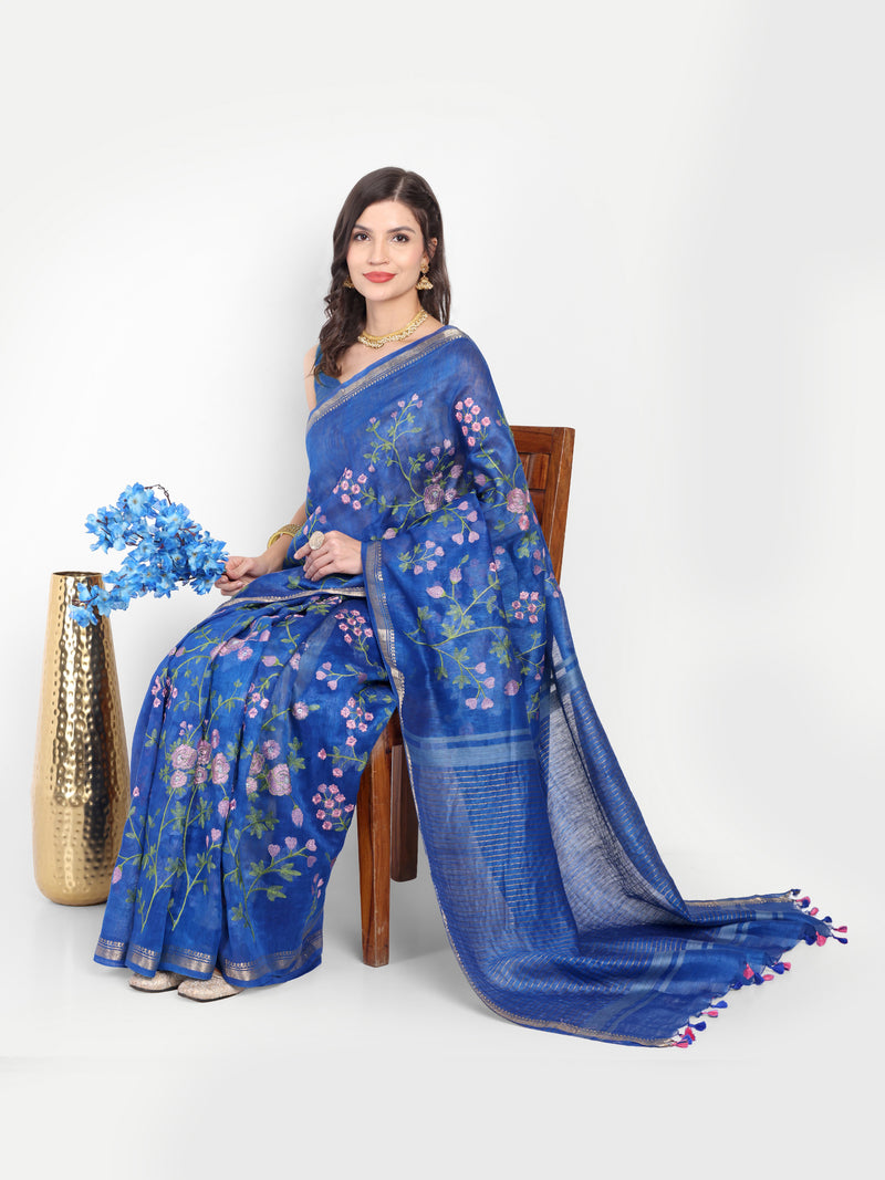 Exquisite Royal Blue Linen Saree with Pink Floral Embroidery