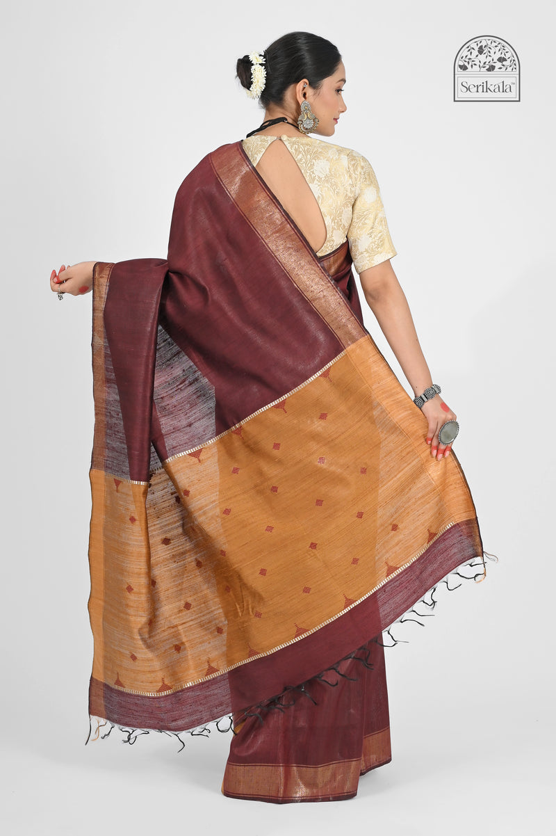 Rich Maroon Dupion Silk Saree with Golden Pallu | Handloom Indian Saree