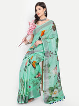 Vibrant Sea Green Digital Print Linen Saree