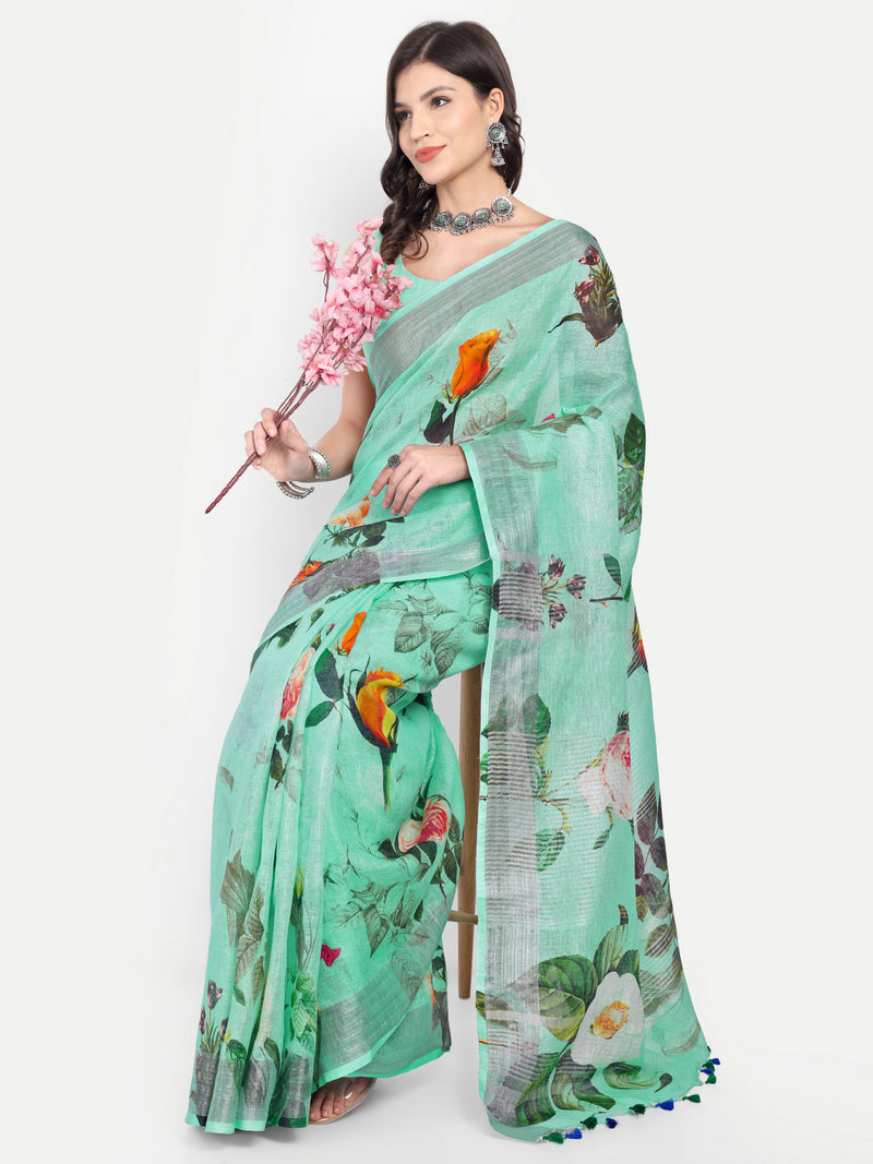 Vibrant Sea Green Digital Print Linen Saree