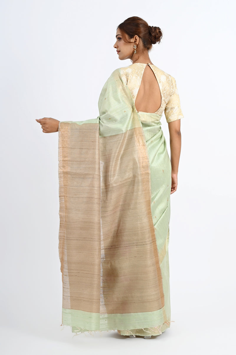 Elegant Pastel Green Dupion & Tussar Silk Saree