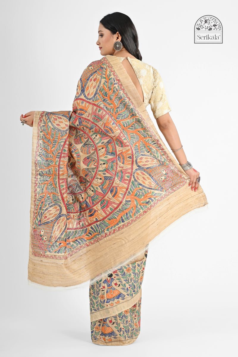 Exquisite Beige Desi Tussar Silk Saree with Hand-Painted Madhubani Art | Authentic Handloom - Serikala