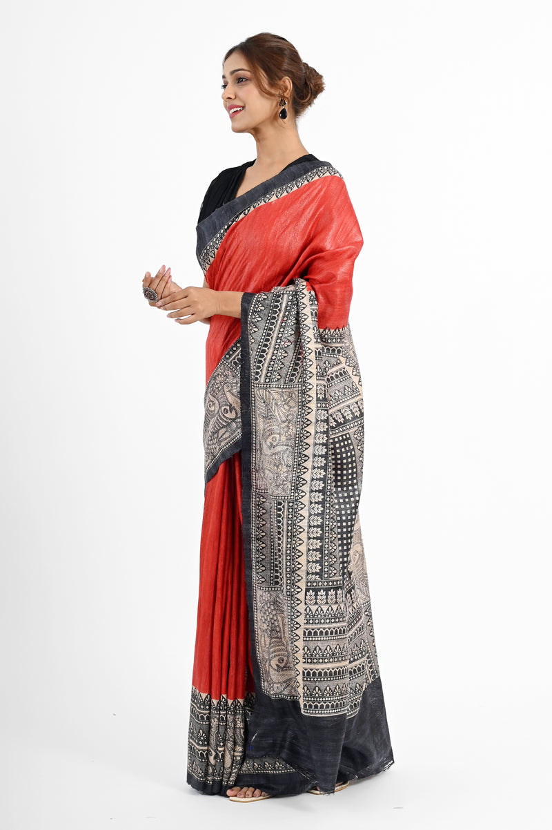 Striking Red Ghicha Silk Saree with Monochrome Madhubani Print