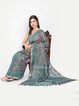 Elegant Dusty Teal Tussar Linen Saree with Floral Embroidery