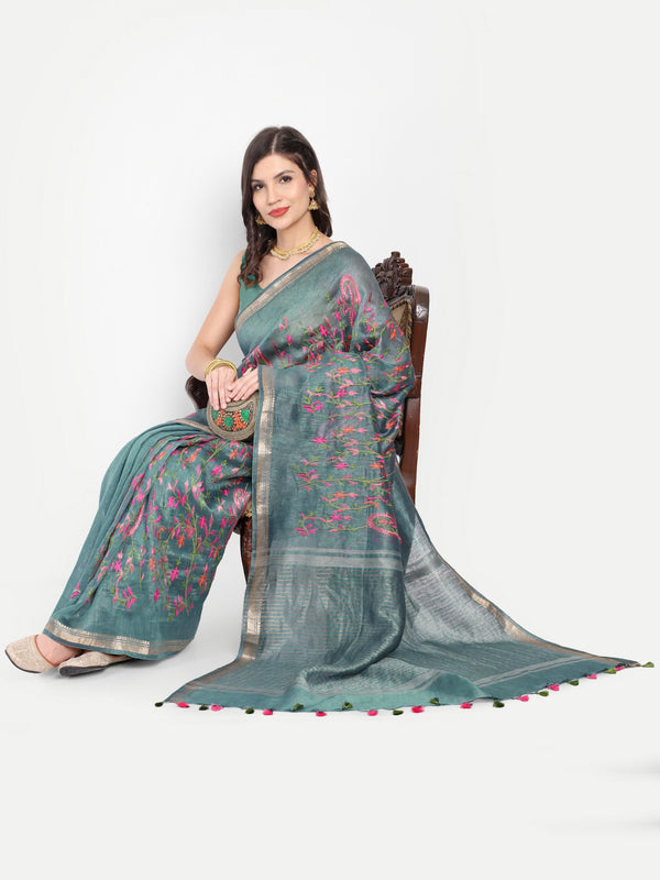 Elegant Dusty Teal Tussar Linen Saree with Floral Embroidery