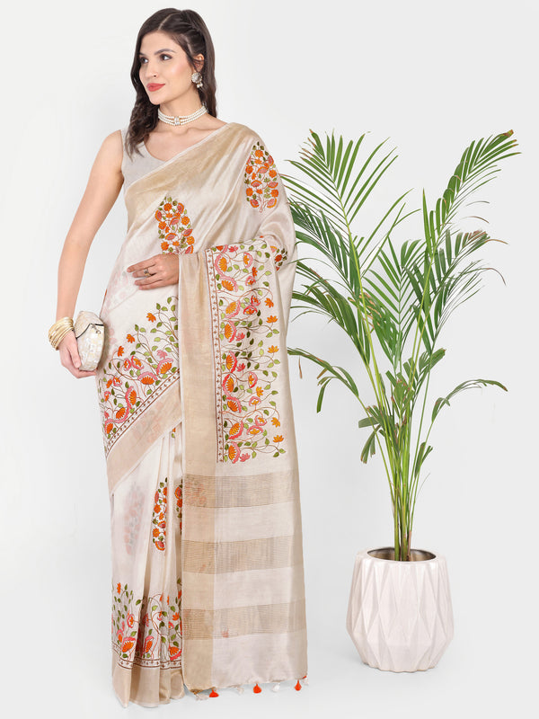 Elegant Off-White Modal Silk Saree with Floral Embroidery