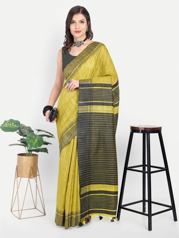 Contemporary Lime Yellow & Charcoal Grey Ghicha Silk Saree