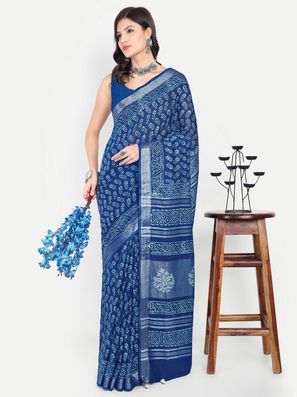 Classic Indigo Blue Block Print Cotton Saree