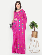 Vibrant Rani Pink Linen Saree with Colorful Embroidery