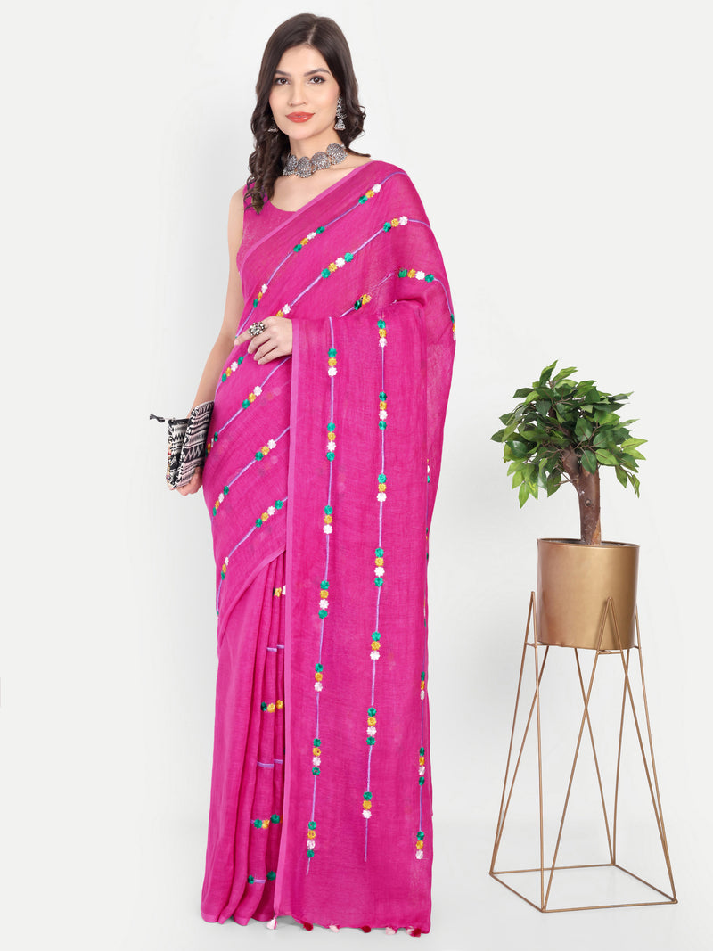 Vibrant Rani Pink Linen Saree with Colorful Embroidery