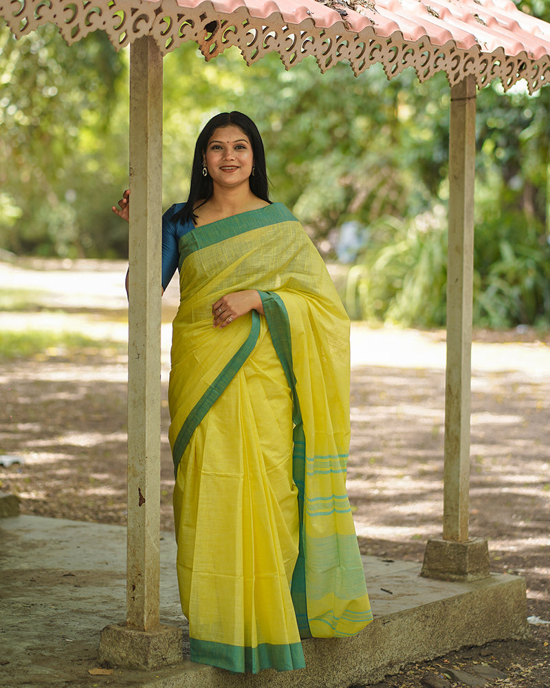 YELLOW BLUE COTTON SAREE