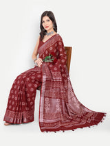 Rich Maroon Block Print Cotton Saree