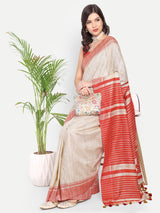 Classic Red & Off-White Striped Ghicha Silk Saree