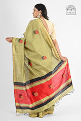 Elegant Olive Green Dupion Silk Saree with Red & Black Accents | Handloom Saree