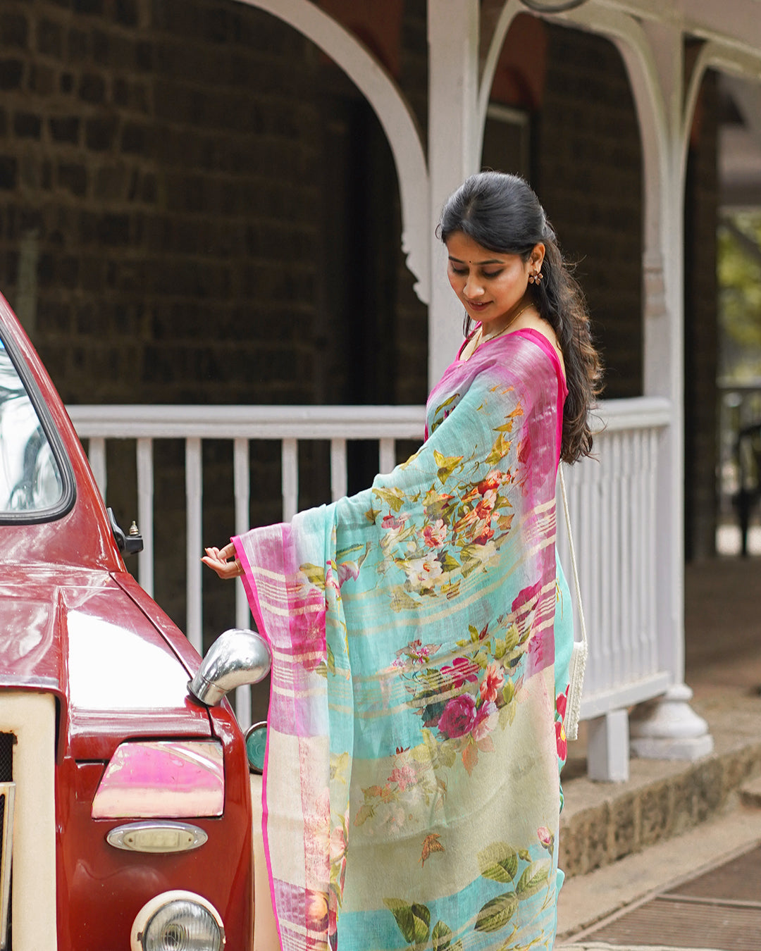 SEA GREEN RANI PINK LINEN SAREE