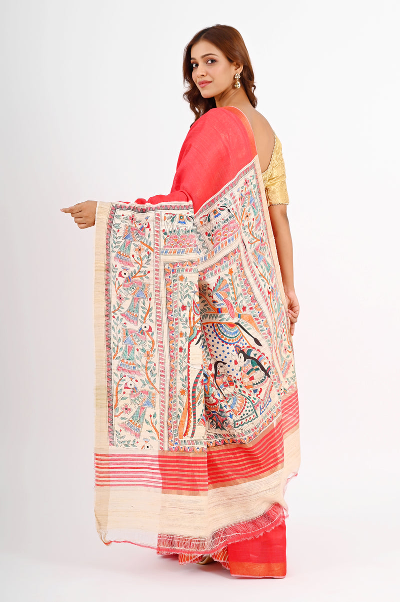 Exquisite Red Eri Silk Saree with Hand-Painted Madhubani Art