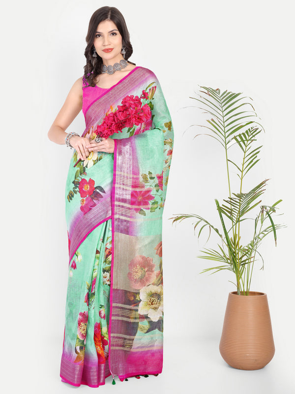 Vibrant Sea Green & Rani Pink Digital Print Linen Saree