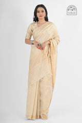 Elegant Cream Muga Silk Saree with Gold Zari Subtle Stripes | Handloom Indian Saree
