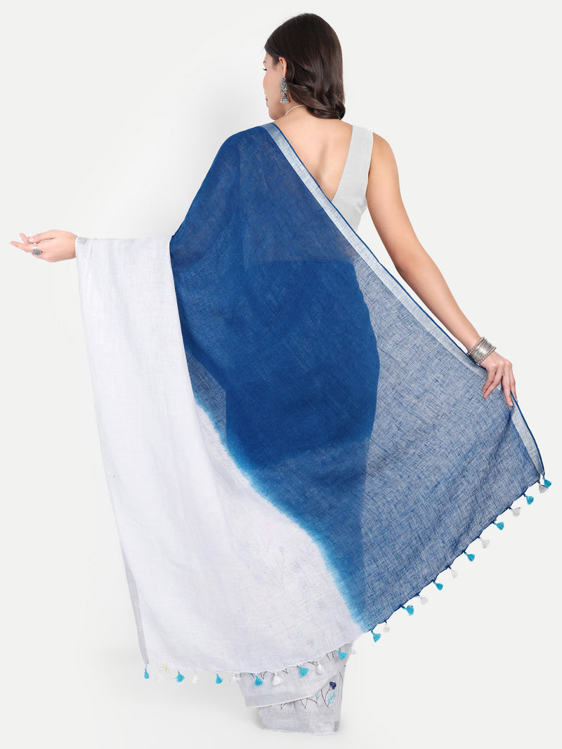 Elegant Indigo & White Dual-Tone Linen Saree with Floral Hand Embroidery