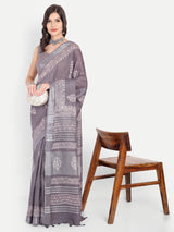 Elegant Grey Block Print Cotton Saree