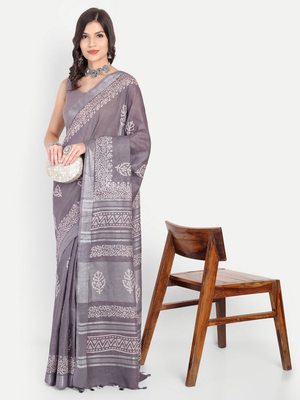 Elegant Grey Block Print Cotton Saree