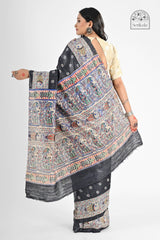 Black Ghicha Silk Saree with Madhubani Art Screen Print | Handloom Ethnic Wear