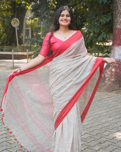 OFF WHITE & RED COTTON SLUB SAREE