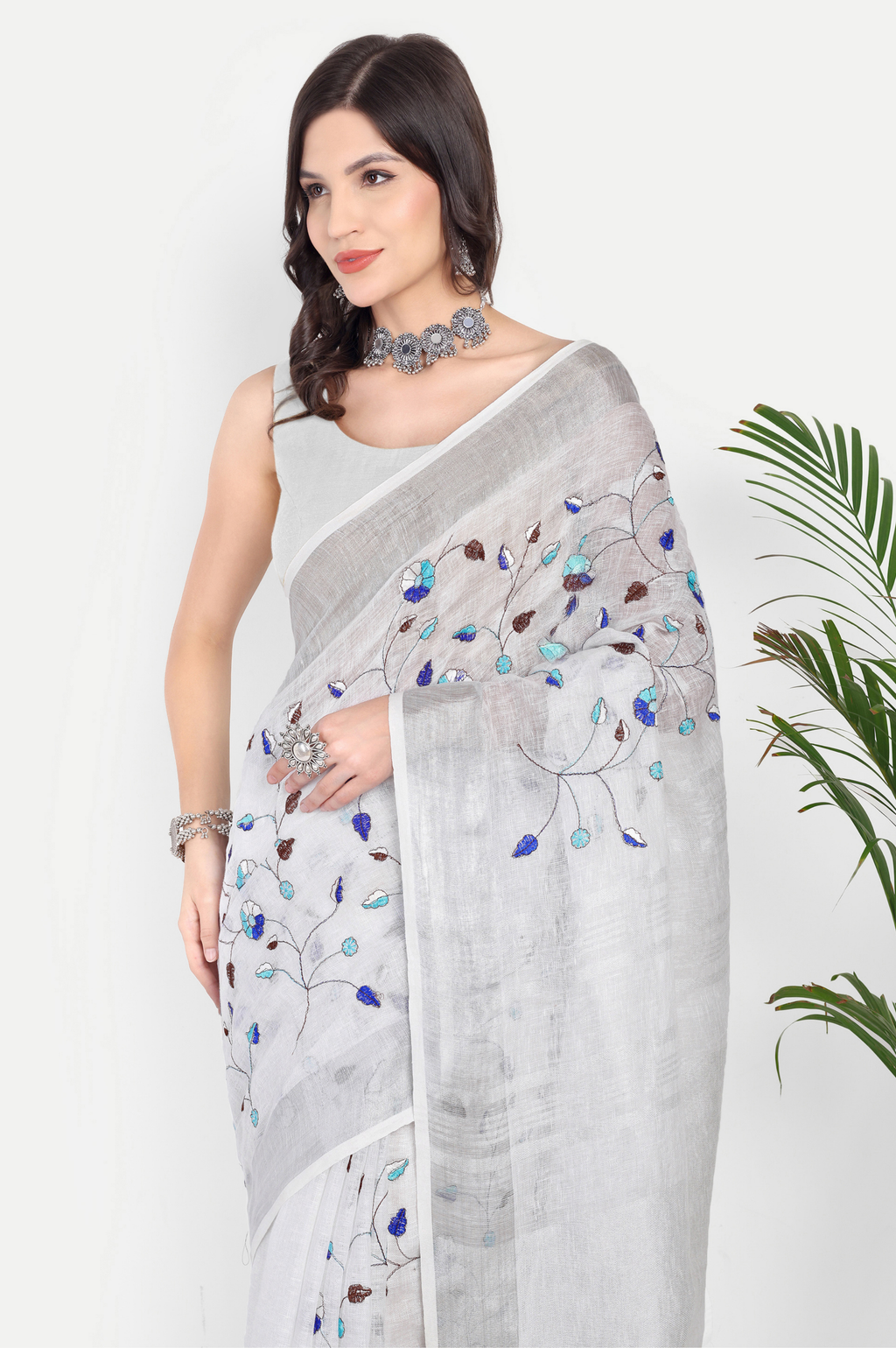SILVER MIST GREY EMBROIDERED LINEN SAREE