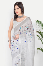 SILVER MIST GREY EMBROIDERED LINEN SAREE