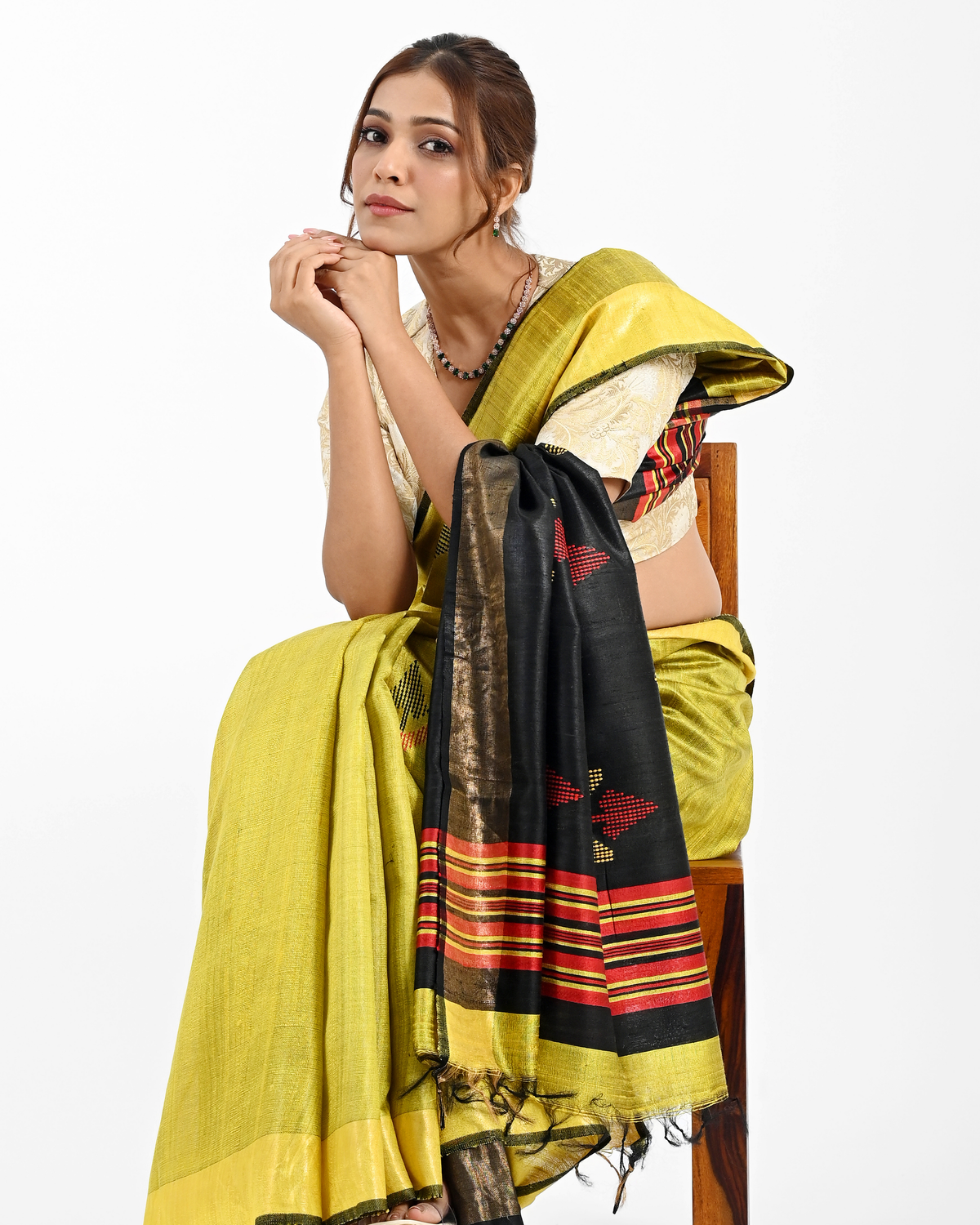 YELLOW DUPION SILK SAREE WITH BLACK PALLU