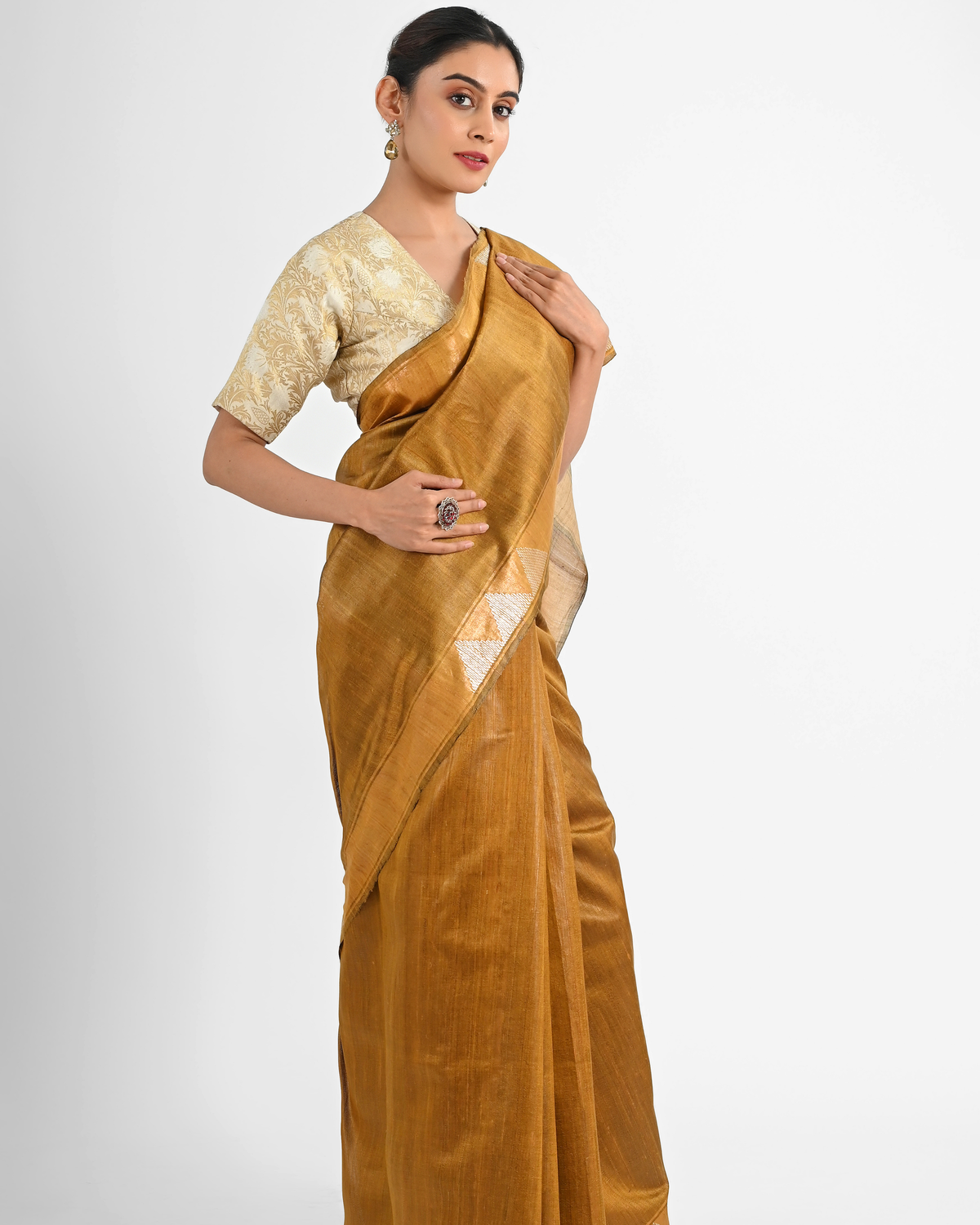GOLDEN MUSTARD DUPION SILK SAREE WITH BEIGE PALLU