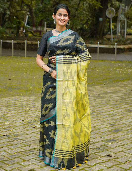 BLACK & YELLOW HANDWOVEN COTTON IKAT SAREE