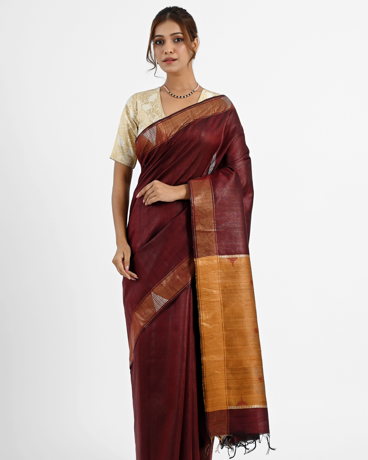 MAROON DUPION SILK SAREE WITH GOLDEN PALLU