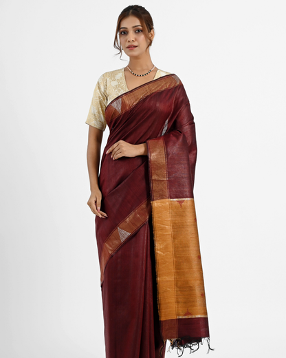 MAROON DUPION SILK SAREE WITH GOLDEN PALLU