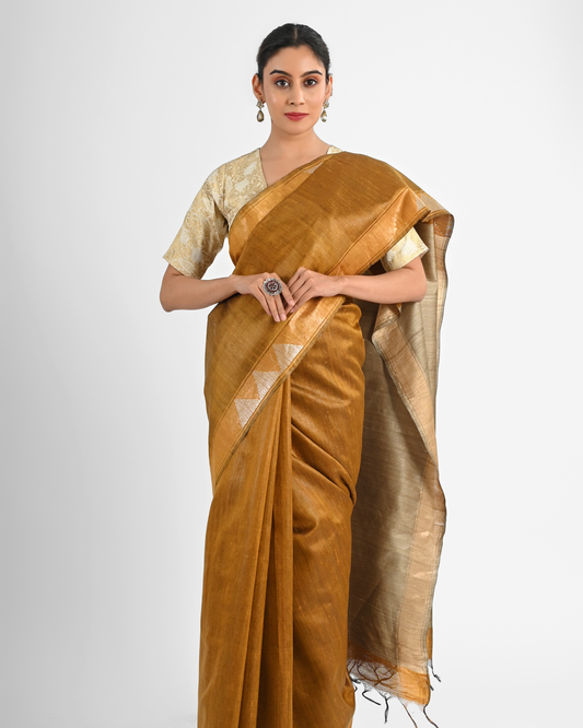 GOLDEN MUSTARD DUPION SILK SAREE WITH BEIGE PALLU