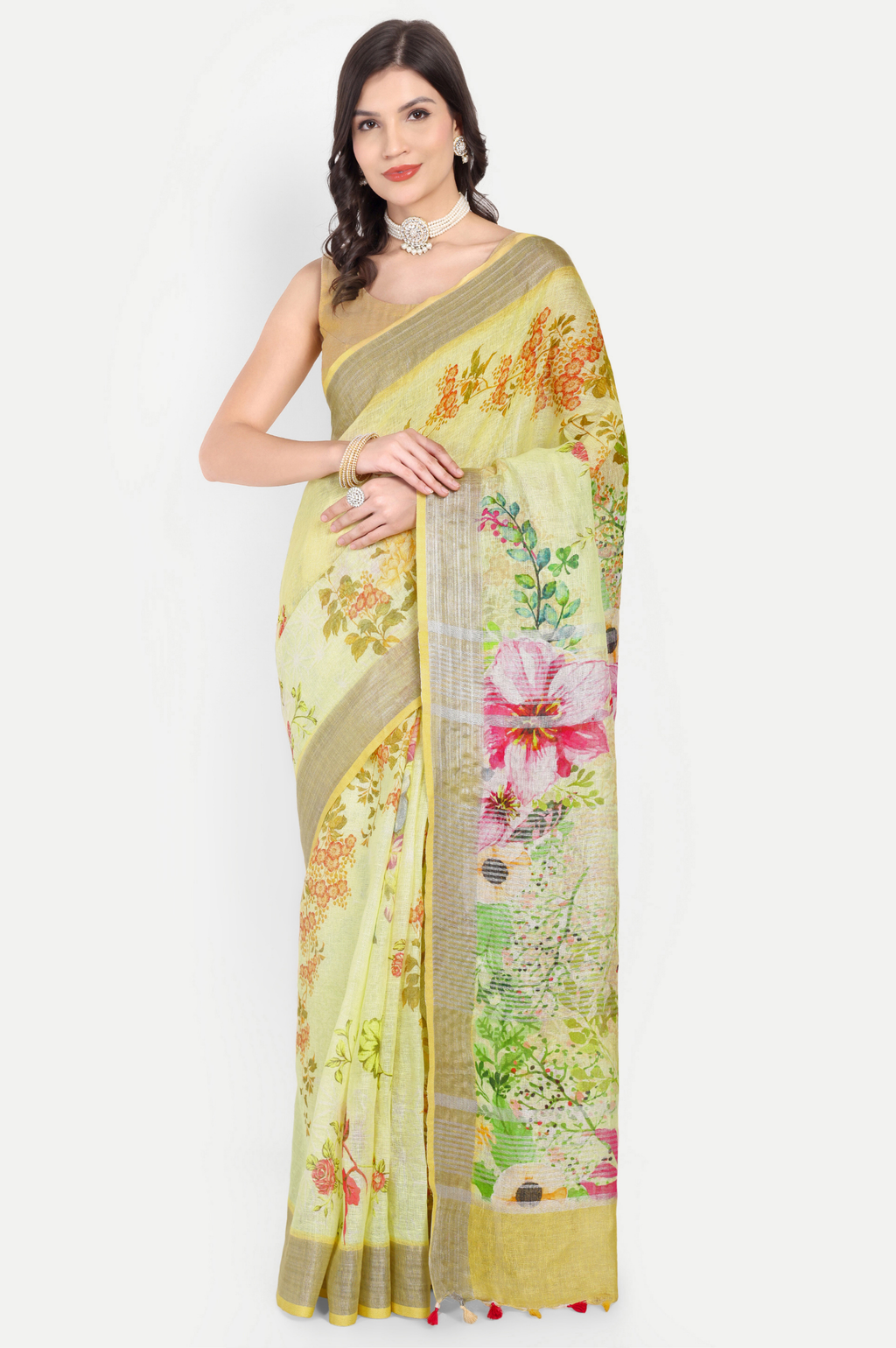 YELLOW FLORAL LINEN SAREE