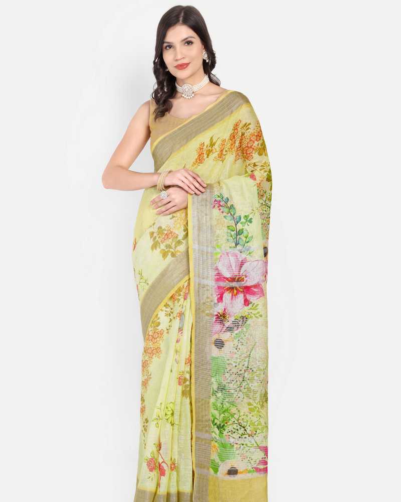 YELLOW FLORAL LINEN SAREE