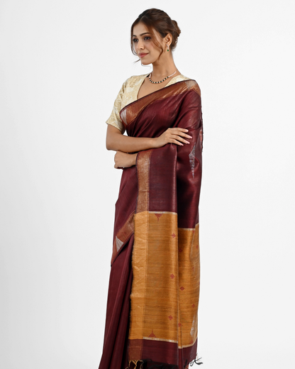 MAROON DUPION SILK SAREE WITH GOLDEN PALLU