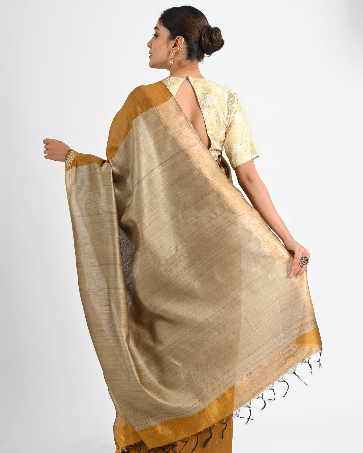 GOLDEN MUSTARD DUPION SILK SAREE WITH BEIGE PALLU