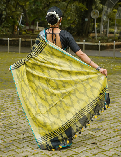 BLACK & YELLOW HANDWOVEN COTTON IKAT SAREE
