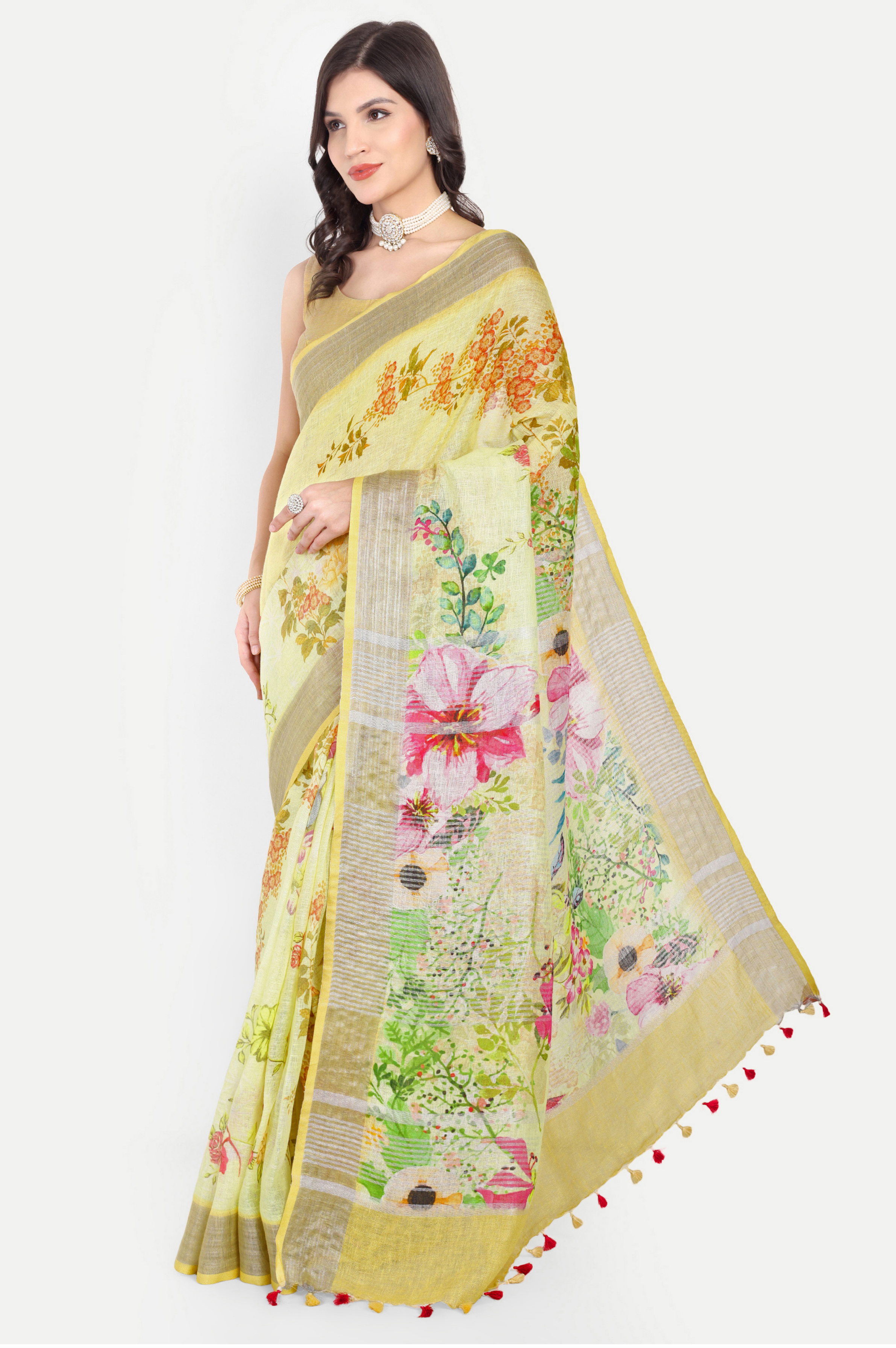 YELLOW FLORAL LINEN SAREE
