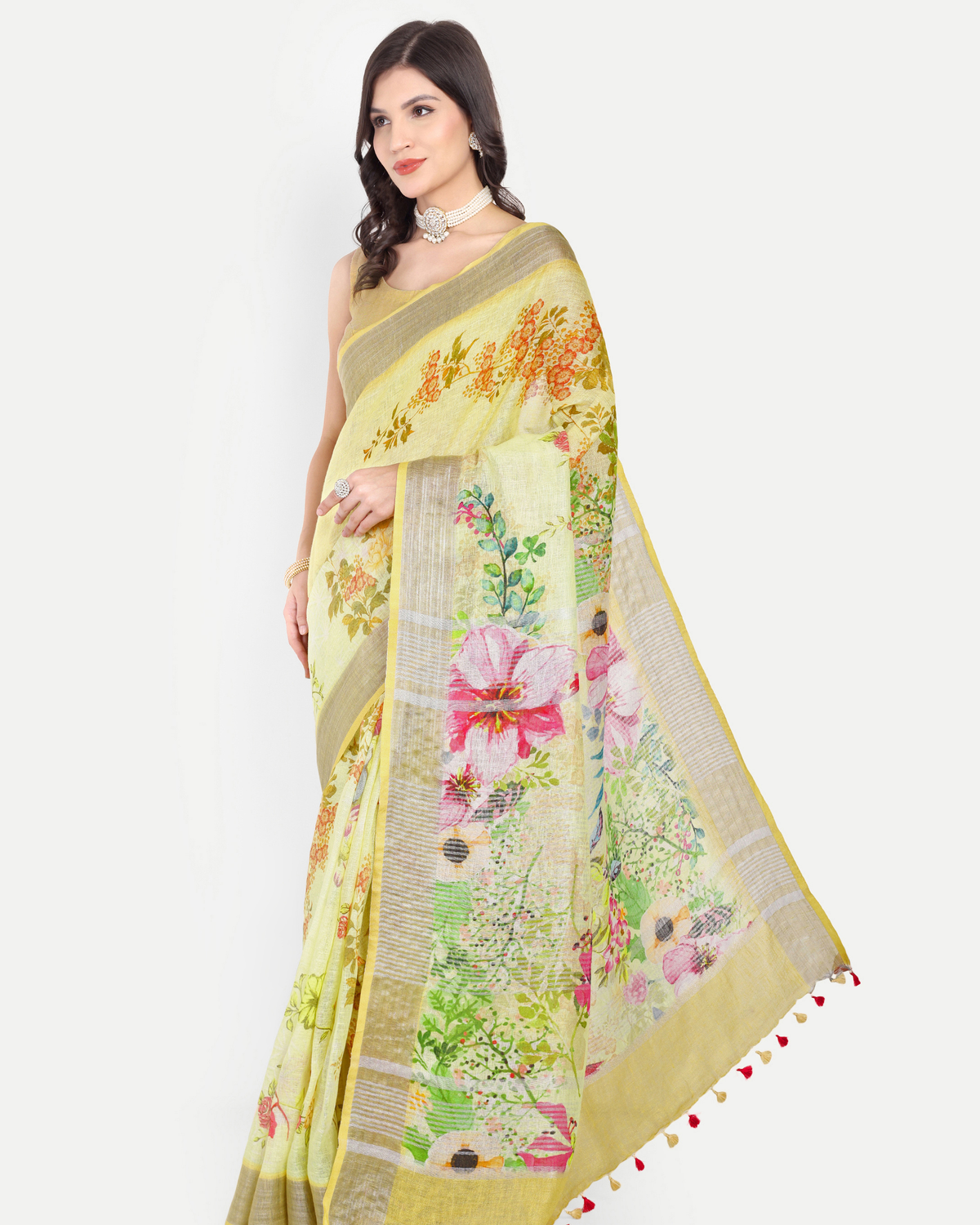 YELLOW FLORAL LINEN SAREE