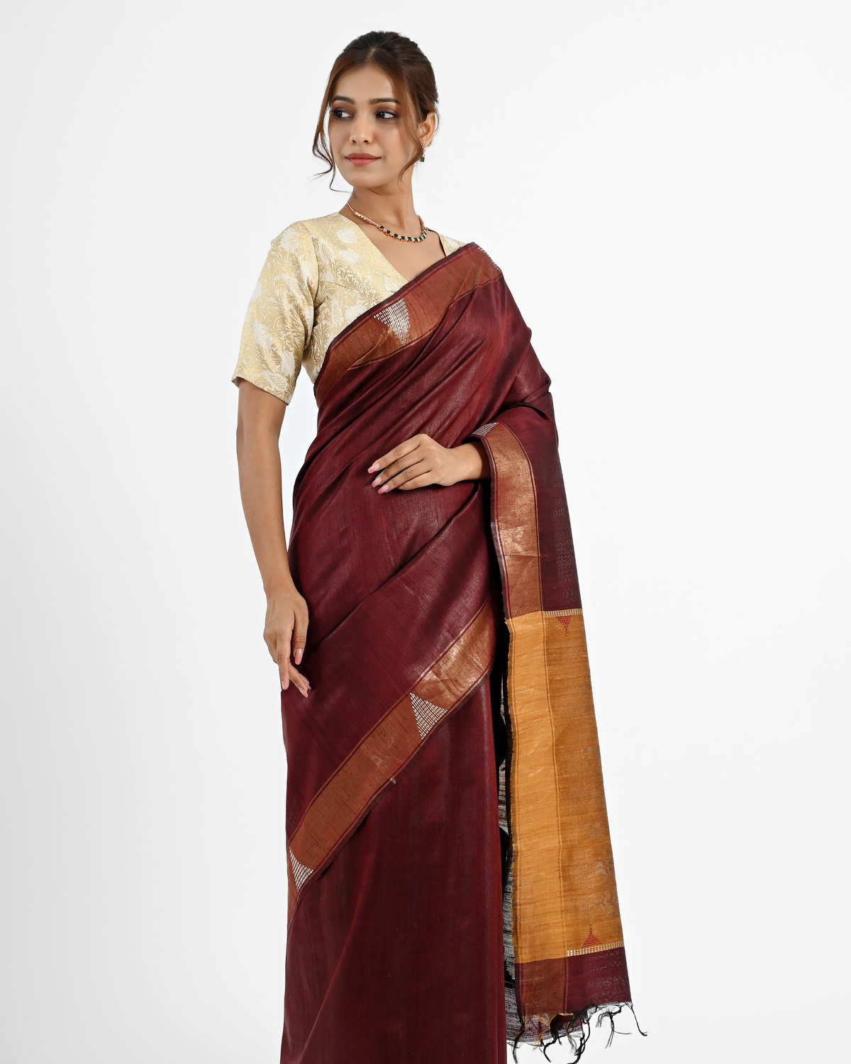 MAROON DUPION SILK SAREE WITH GOLDEN PALLU