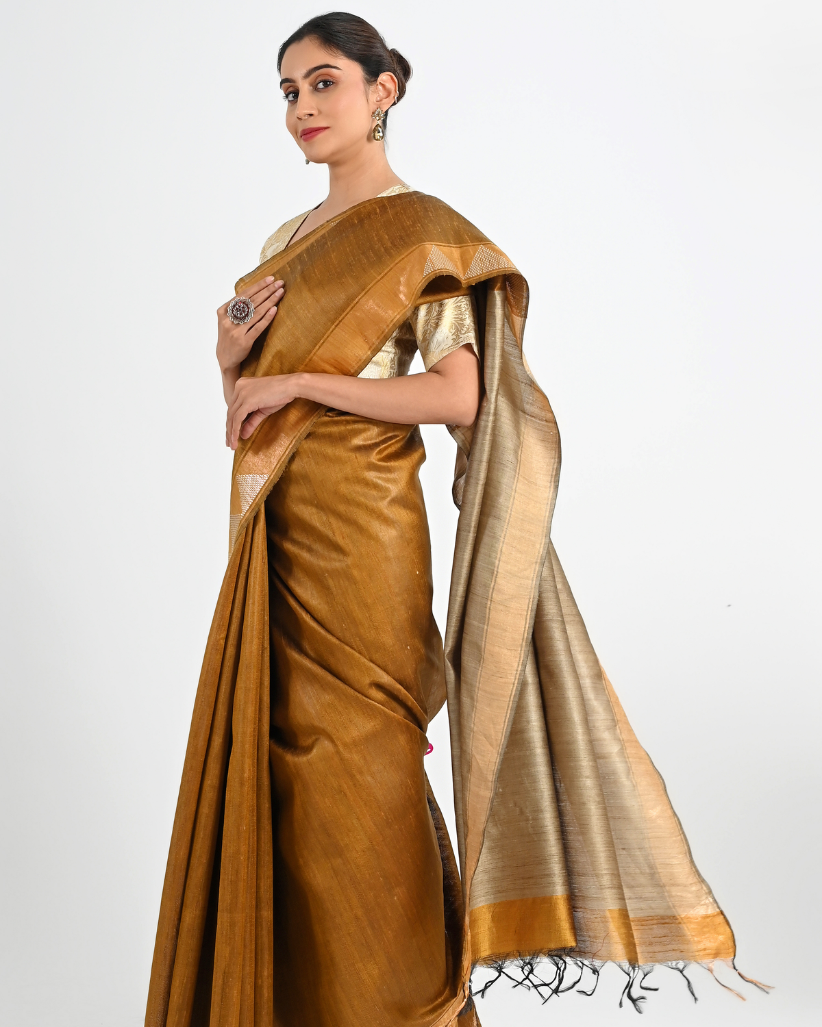GOLDEN MUSTARD DUPION SILK SAREE WITH BEIGE PALLU