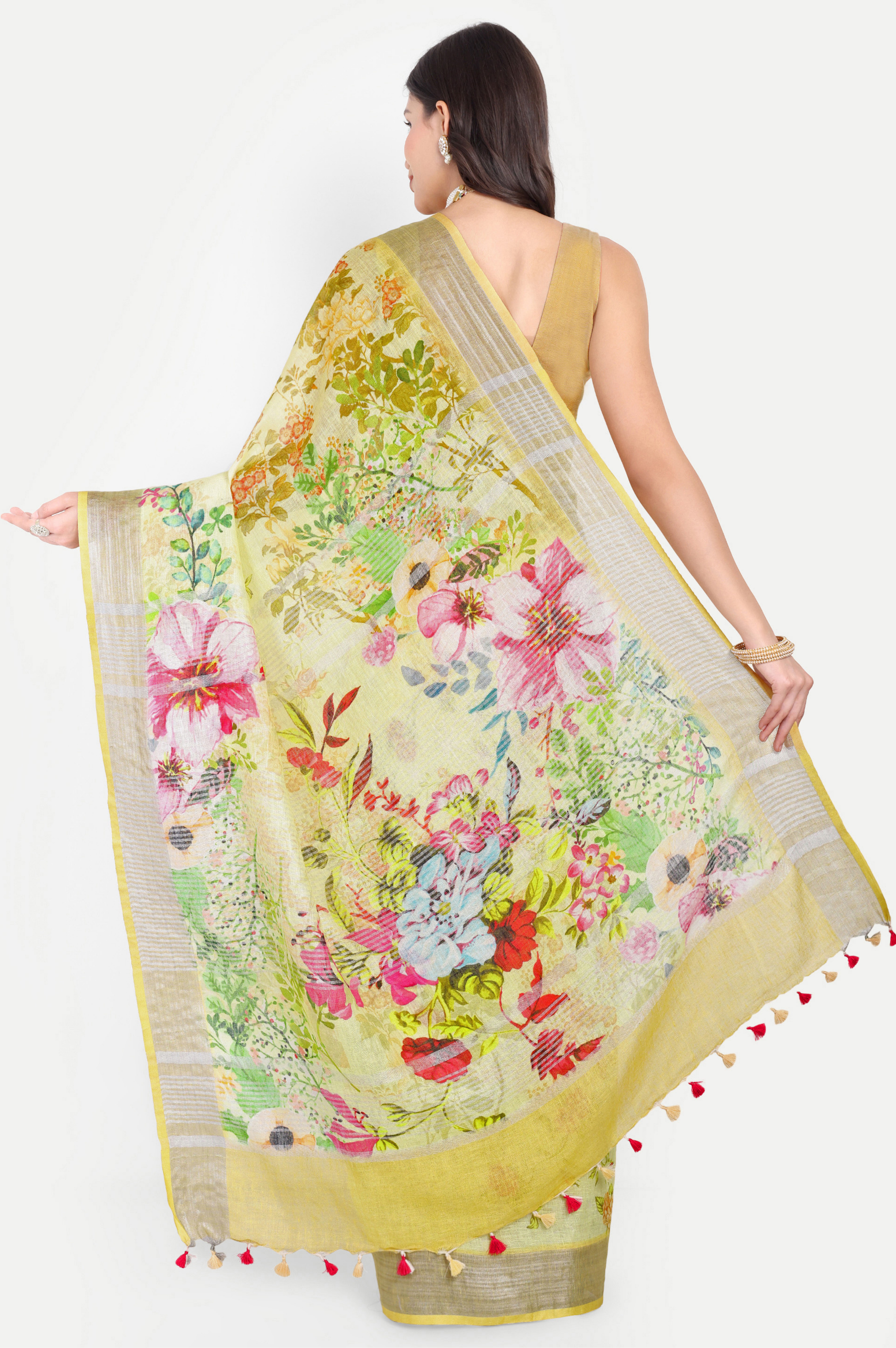 YELLOW FLORAL LINEN SAREE